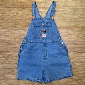 Vintage 90s Cherokee Floral Embroidered Denim Shortalls M Logo Bib Overalls